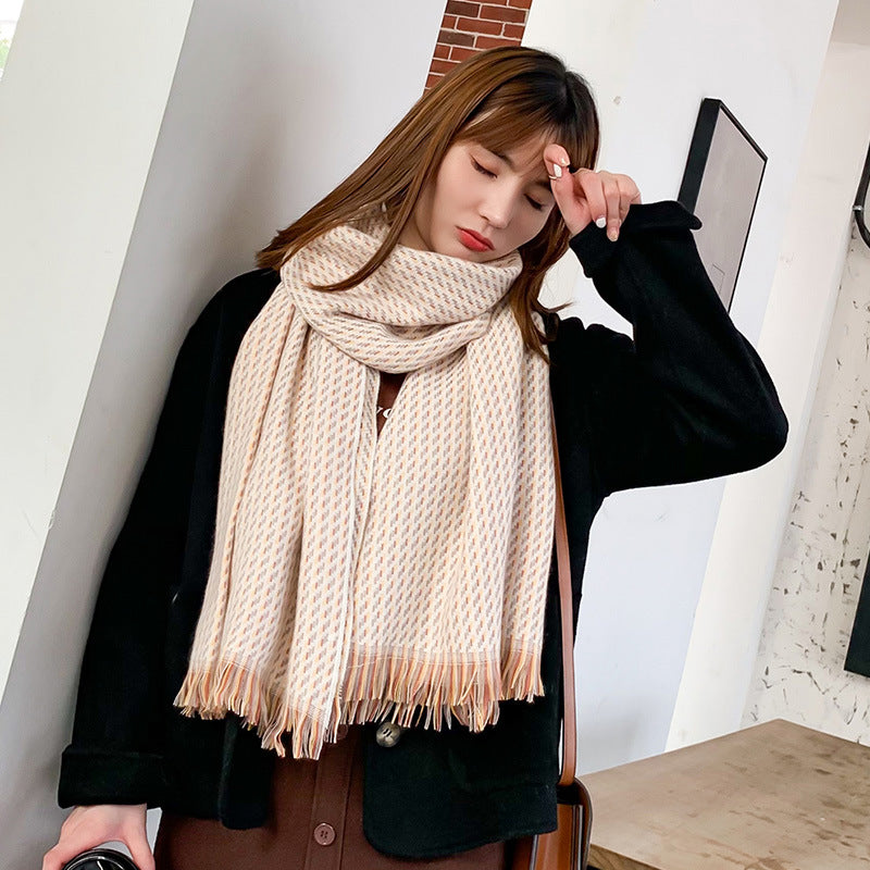 Women’s Geometric Weave Winter Scarf Wrap – Beige