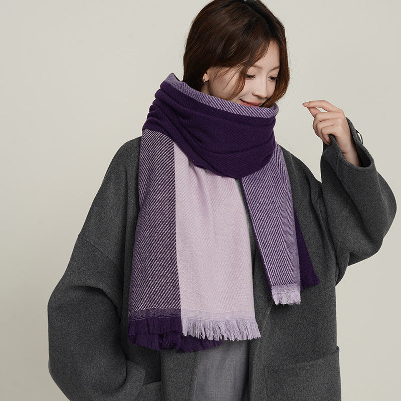 Women’s Color-Block Winter Scarf with Fringe – Purple