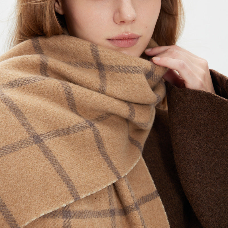 Women’s Extra-Long Windowpane Check Winter Scarf with Fringe