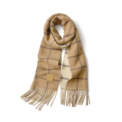 Women’s Extra-Long Windowpane Check Winter Scarf with Fringe