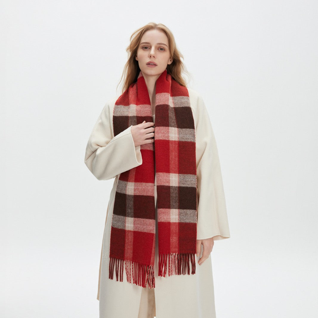 Women’s Extra-Long Windowpane Check Winter Scarf with Fringe