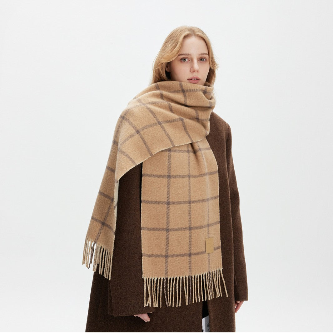 Women’s Extra-Long Windowpane Check Winter Scarf with Fringe