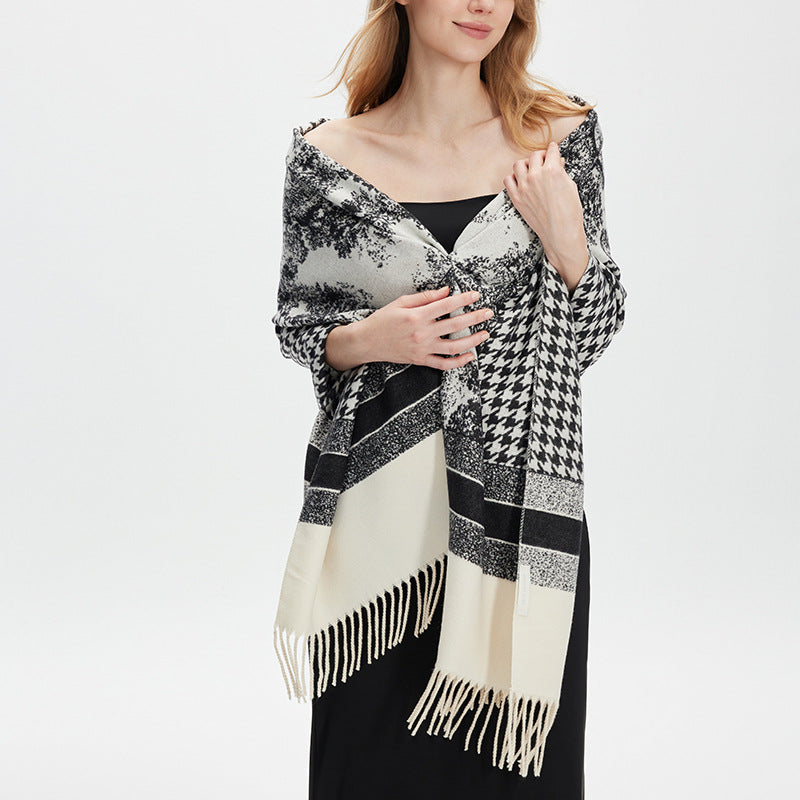 Women’s Extra-Long Houndstooth Winter Scarf Shawl Wrap